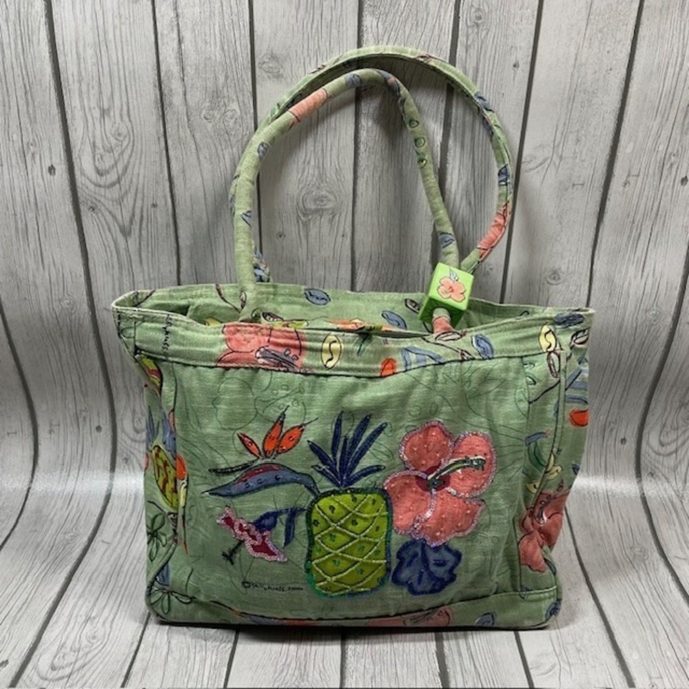 Sally Huss Green Canvas Tote Painted & Beaded Tropical Shoulder Beach Bag 16"x13